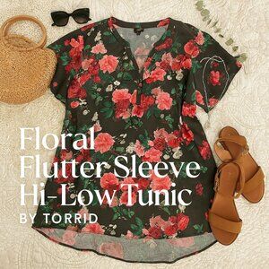 TORRID Black Floral Flutter Sleeve V-Neck Hi-Lo Tunic • Size 2/2X • Plus Size •